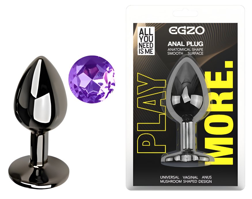 Анальная пробка с кристаллом EGZO - Dark Gray Round Plug Purple, size S