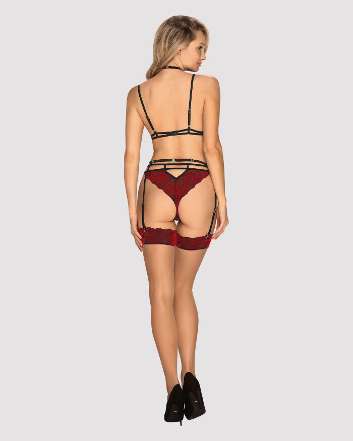 411010 Комплект мереживний з поясом для панчох Obsessive Sugestina 3-pcs set L/XL