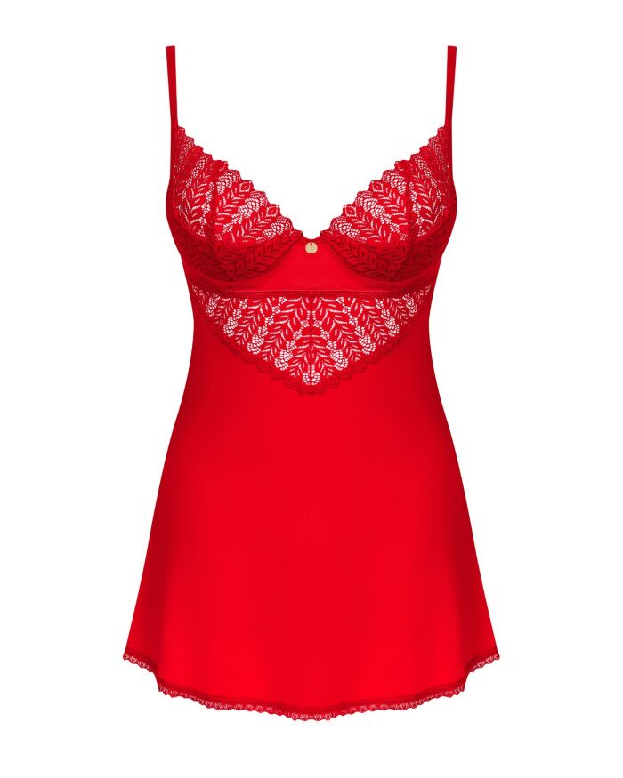 Пеньюар Obsessive Ingridia chemise &amp; thong XS/S, червоний, сорочка, стрінги
