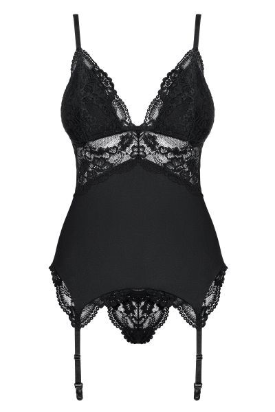 Корсет Obsessive 810-COR-1 з мереживом та пажами для панчох, чорний, S/M