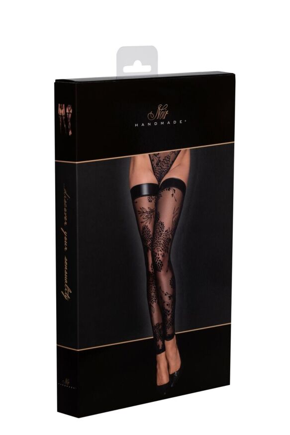 Чулки без миска Noir Handmade F243 Tulle stockings with patterned flock embroidery, S