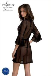 Пеньюар Passion LEAFA PEIGNOIR black, L/XL, длина чуть выше колена, широкие рукава, завязывается на пояс