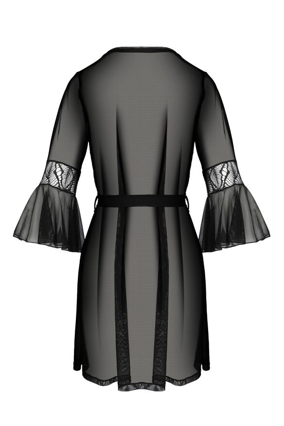 Пеньюар Passion LEAFA PEIGNOIR black S/M, довжина трохи вище коліна, широкі рукави, зав'язується на пояс