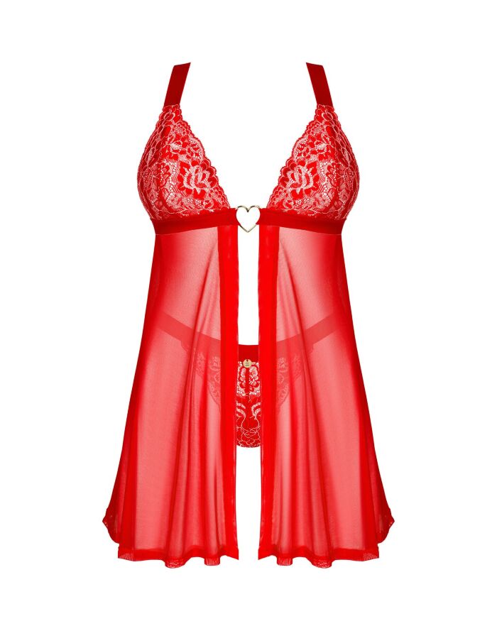 Бэби-долл Obsessive Elianes babydoll &amp; thong, XL/2XL, красный, кружевной лиф, трусики-танга в наборе