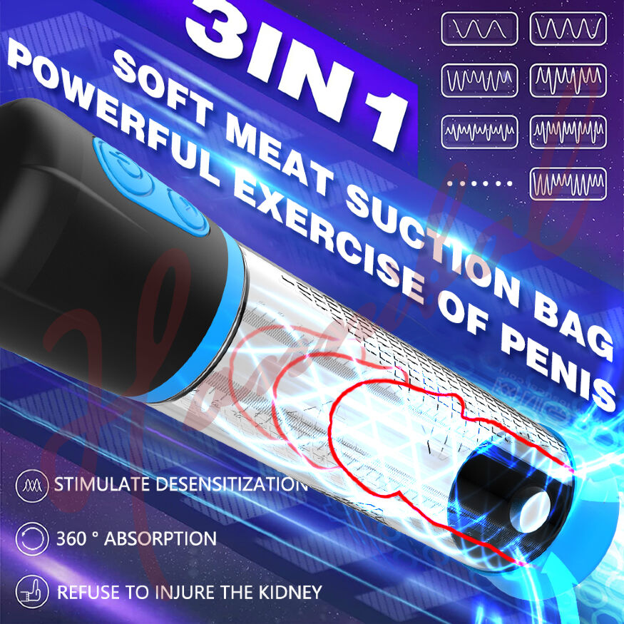 Автоматическая вакуумная помпа Penis Pump усилитель эрекции, тренажёр. На батарейках (нет в комплекте). Черно-синий, 3 режима всасывания
