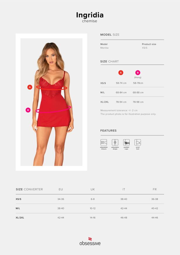 Пеньюар Obsessive Ingridia chemise &amp; thong XL/2XL, червоний, сорочка, стрінги