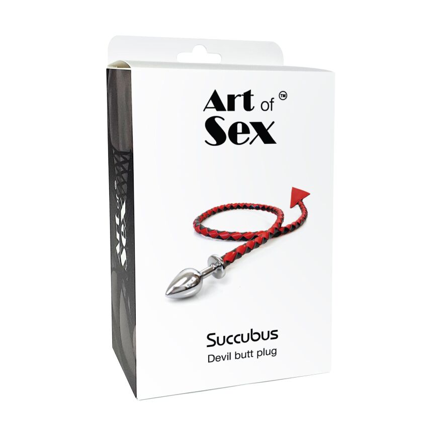 Металлическая анальная пробка M с дьявольским хвостом Art of Sex - Succubus, экокожа, черный/золото
