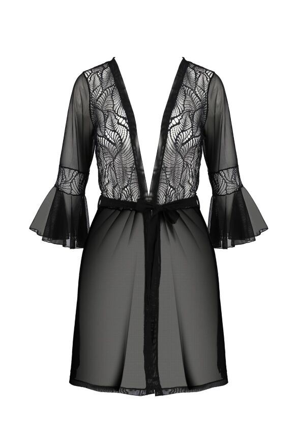 Пеньюар Passion LEAFA PEIGNOIR black, XXL/XXXL, длина чуть выше колена, широкие рукава, завязывается