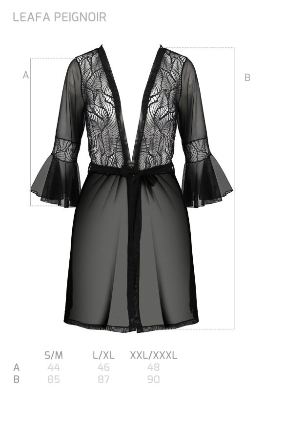 Пеньюар Passion LEAFA PEIGNOIR black, XXL/XXXL, длина чуть выше колена, широкие рукава, завязывается
