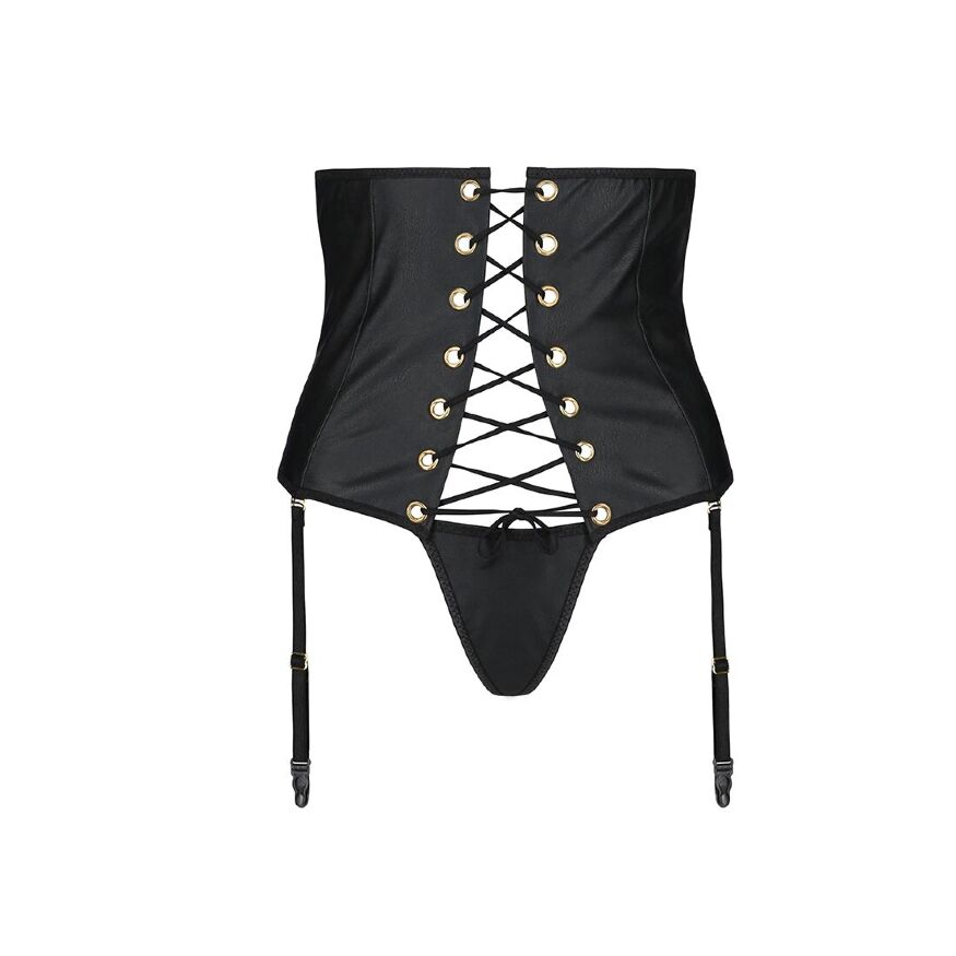 Пояс-корсет из экокожи CELINE SET WITH OPEN BRA black S/M — Passion: шнуровка, съемные пажи для чулок, стринги в комплекте