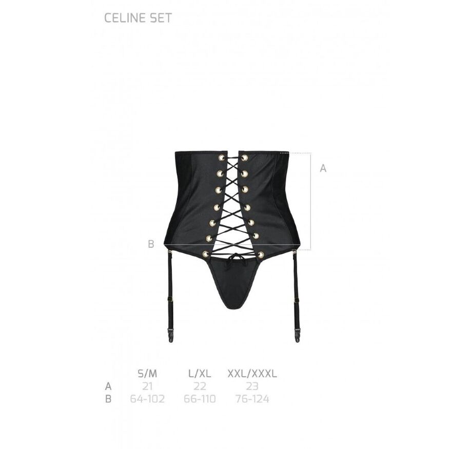 Пояс-корсет из экокожи CELINE SET WITH OPEN BRA black S/M — Passion: шнуровка, съемные пажи для чулок, стринги в комплекте