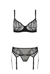 Комплект Passion LEAFA SET black, L/XL, мереживо+сітка, бюстгальтер на кісточках, стрінги, пояс для панчіх