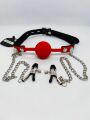 Кляп с зажимами на соски DS Fetish Locking gag with nipple clamps black/red