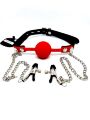 Кляп с зажимами на соски DS Fetish Locking gag with nipple clamps black/red