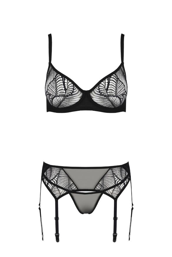 Комплект Passion LEAFA SET black S/M, мереживо+сітка, бюстгальтер на кісточках, стрінги, пояс для панчіх