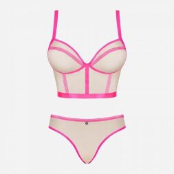 Комплект Obsessive Nudelia бюстьє з трусиками, бежевий з чорним, S/M