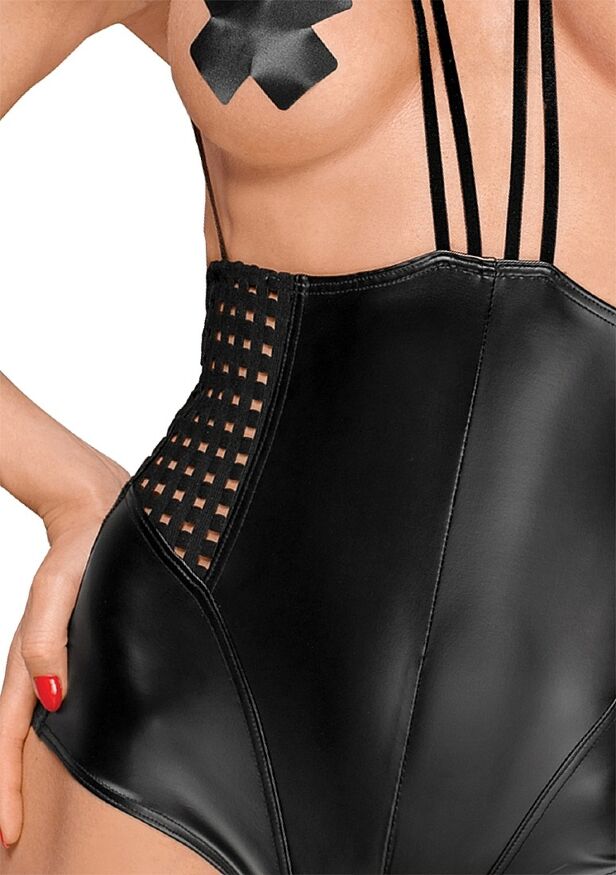 Боді еротичне Noir Handmade F179 з вінілу, на бретельках, чорне, M