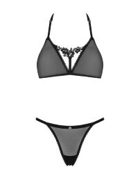 Напівпрозорий комплект Obsessive Celia Noir 2-pcs set XL/2XL, бюстгальтер, стрінги