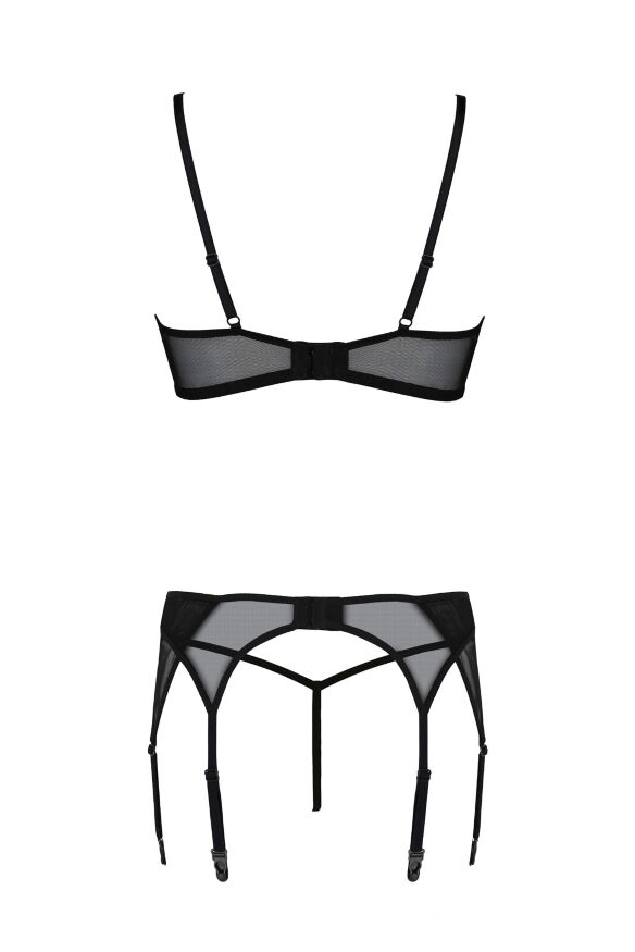 Комплект Passion LEAFA SET black, XXL/XXXL, мереживо+сітка, бюстгальтер на кісточках, стрінги, пояс для панчіх