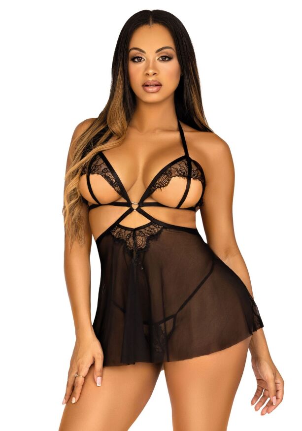 Сорочка бебі-дол з відкритими чашками Leg Avenue Lace and mesh babydoll &amp; panty Black S, стрінги