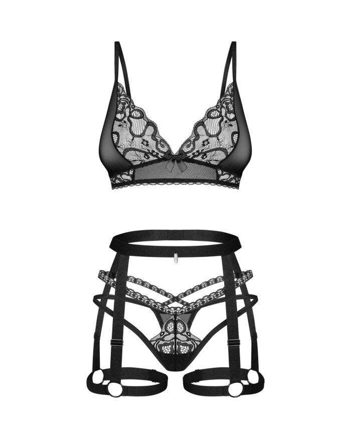 Комплект Obsessive Blomentis 3-pcs set, XS/S, мягкий лиф, стринги со стрепами, пояс с гартерами