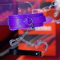 М'який фіолетовий нашийник "Love leash" з ланцюжком-повідцем та зручним чорним тримачем Екошкіра-метал