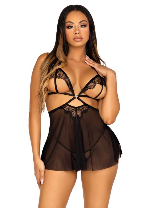 Сорочка беби-долл с открытыми чашками Leg Avenue Lace and mesh babydoll &amp; panty Black M, стринги