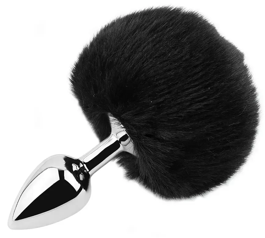Анальная пробка с хвостом EGZO - Bunny Tail Silver Plug Black, size S
