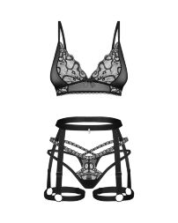 Комплект Obsessive Blomentis 3-pcs set, XL/2XL, м’який ліф, стрінги зі стрепами, пояс із гартерами