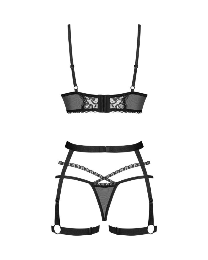 Комплект Obsessive Blomentis 3-pcs set, XL/2XL, м’який ліф, стрінги зі стрепами, пояс із гартерами
