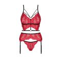 Кружевной комплект белья 3 предмета Obsessive Mettia L/XL красный