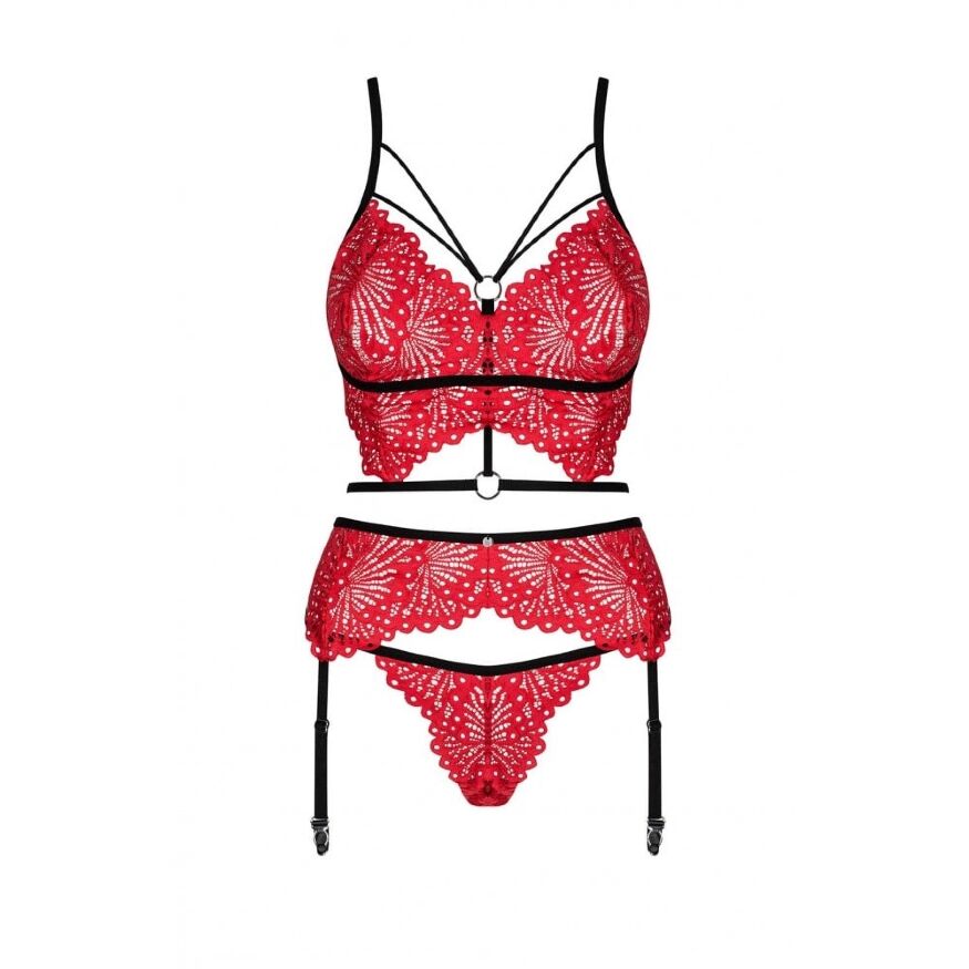 Кружевной комплект белья 3 предмета Obsessive Mettia L/XL красный