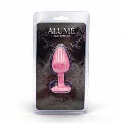 Анальная пробка S, ALUME розовая с золотым, с ярко-розовым круглым камнем