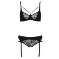 Комплект белья Passion PAULINE SET S/M, black, стрэпы, лиф, стринги и пояс для чулок