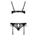 Комплект белья Passion PAULINE SET S/M, black, стрэпы, лиф, стринги и пояс для чулок