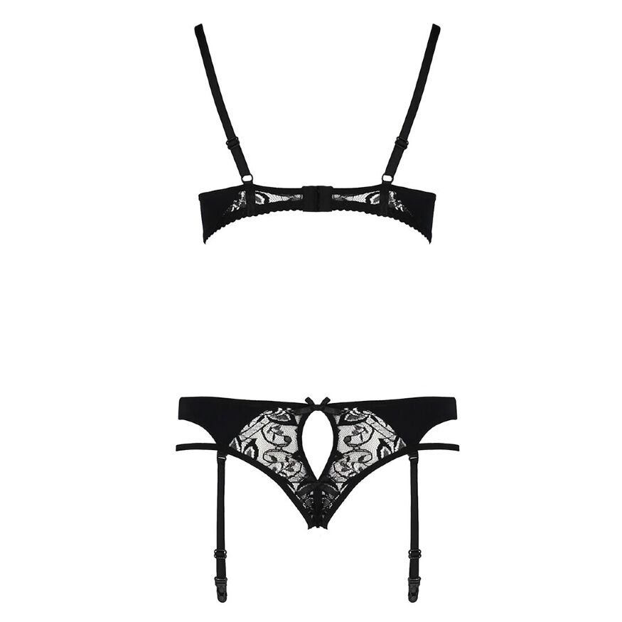Комплект белья Passion PAULINE SET S/M, black, стрэпы, лиф, стринги и пояс для чулок