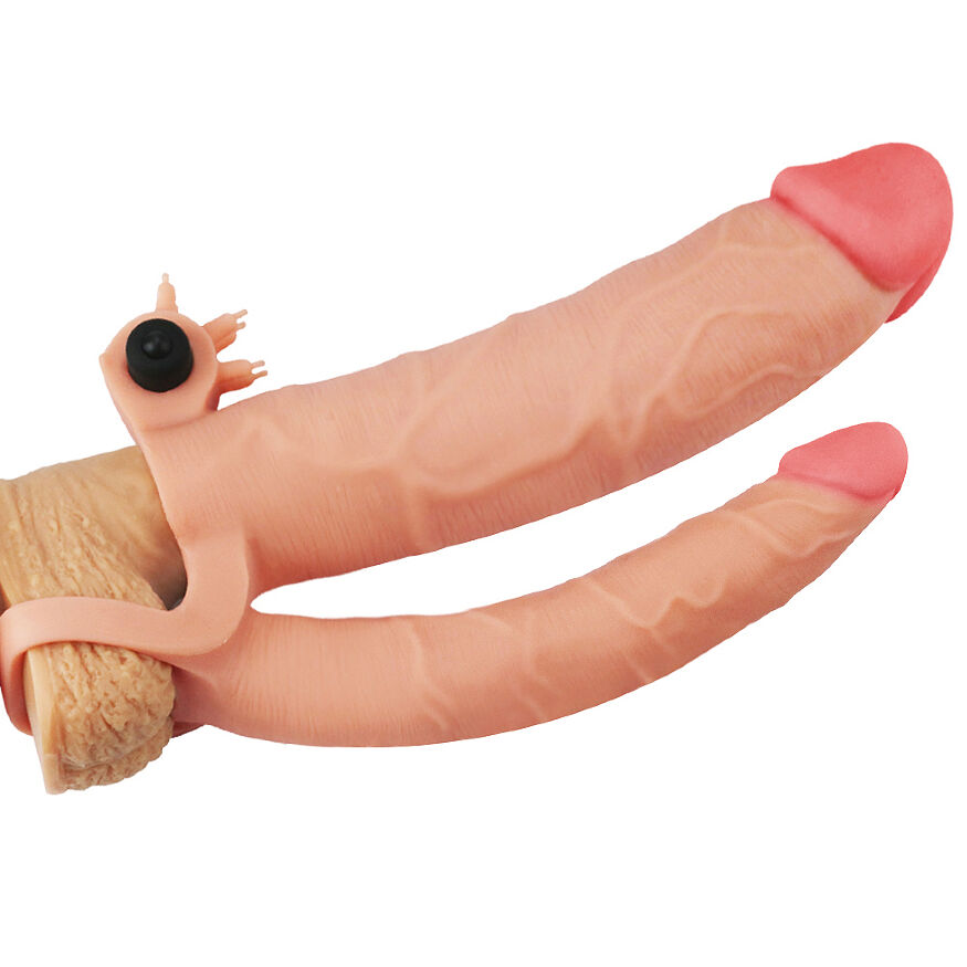 Подовжуюча насадка на член для подвійного проникнення Pleasure X-Tender Vibrating Double Penis Sleeve Add 3" Flesh