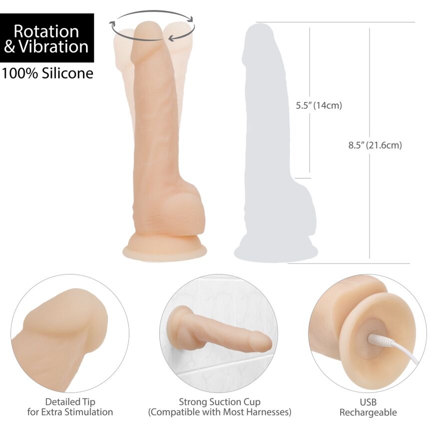 Фалоімітатор з вібрацією та ротацією Naked ADDICTION James 8″ Rotating &amp; Vibrating Dong, пульт ДК