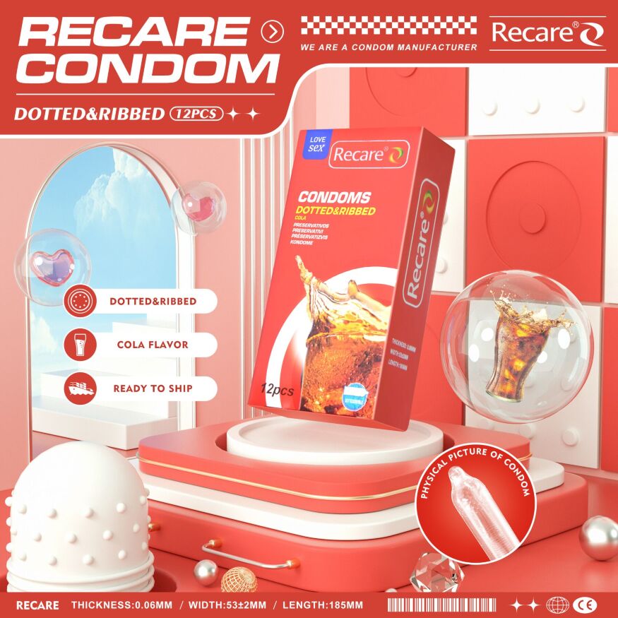 Презервативи Recare Cola Dotted&amp;Ribbed Condoms 12 шт, з пухирцями та ребрами, аромат: Кола