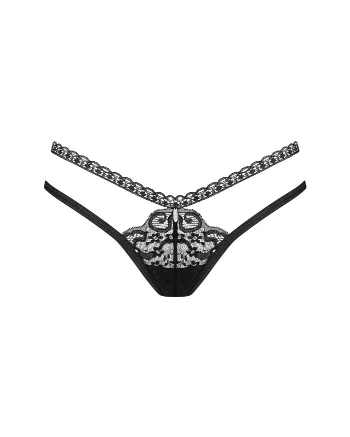 Трусики-стрінги Obsessive Blomentis thong, XS/S, чорні, мереживні, боковинки — подвійні смужки