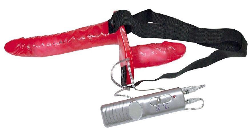 Тонкий подвійний страпон з вібро - Bad Kitty Vibrating Strap-On Duo