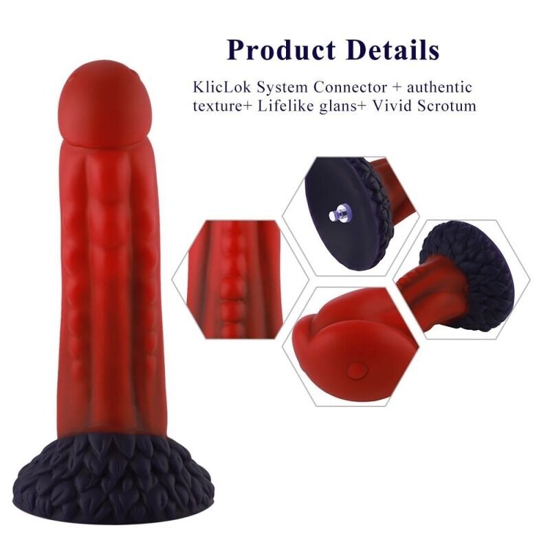 Фаллоимитатор для секс-машин Hismith 8.35″ Curved Silicone Dildo Red Monster Series, система KlicLok