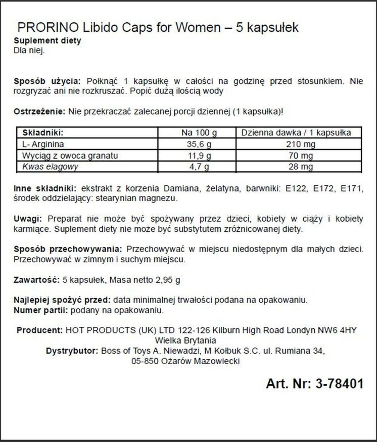 Пищевая добавка для женщин ERO PRORINO black line Libido, 5 капсул