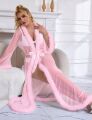 Халатик полупрозрачный Star Night с имитацией меха и поясом, розовый, XL-2XL