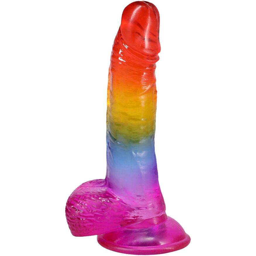 Гелевый разноцветный фаллоимитатор Doc Johnson Crystal Jellies - Realistic cock with balls 8.5 Inch - Rainbow