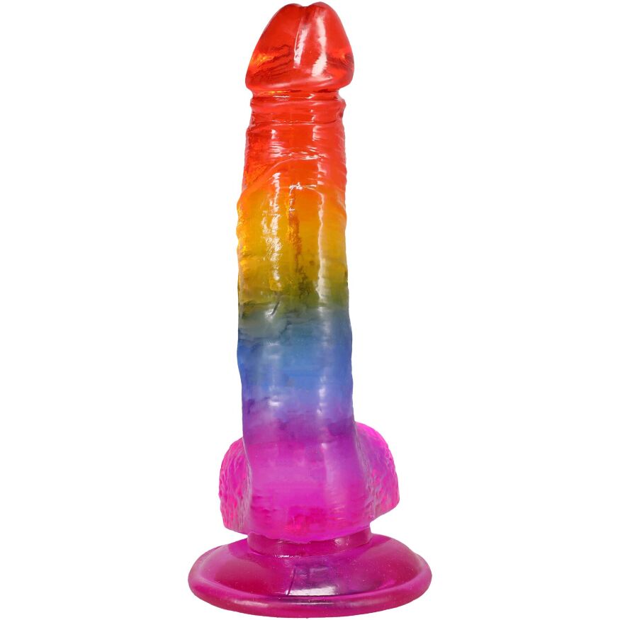 Гелевый разноцветный фаллоимитатор Doc Johnson Crystal Jellies - Realistic cock with balls 8.5 Inch - Rainbow