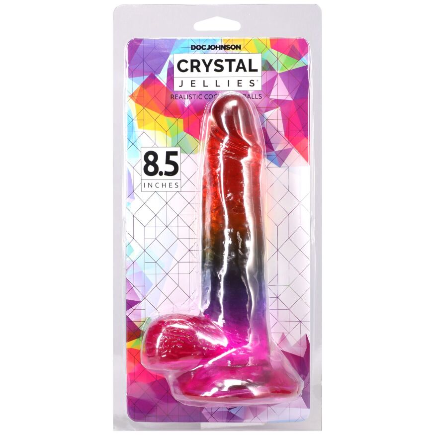 Гелевый разноцветный фаллоимитатор Doc Johnson Crystal Jellies - Realistic cock with balls 8.5 Inch - Rainbow