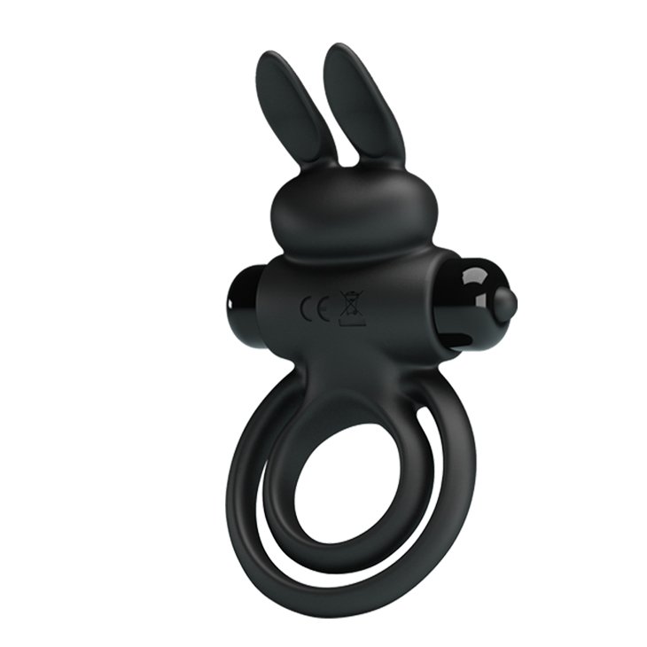 Эрекционное виброкольцо с кроликом Pretty Love Bunny III двойное, чёрное, 9.7 х 4 см