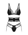 Комплект Obsessive Lobellis 3-pcs set, XS/S, черный, лиф с мягкой чашкой, стринги, пояс для чулок