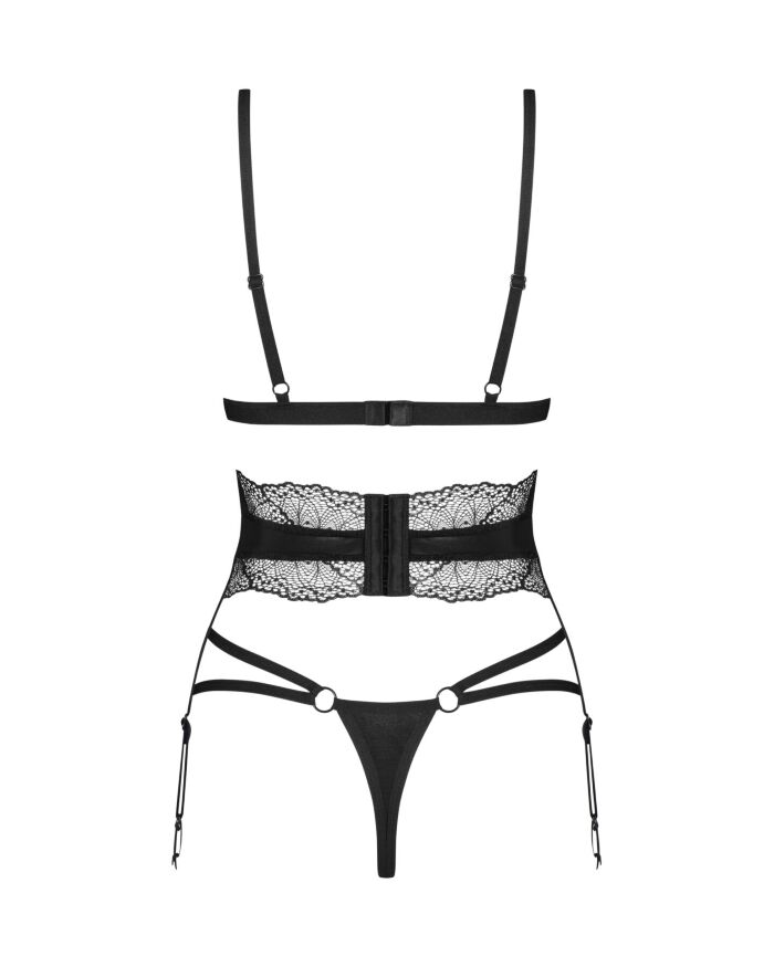 Комплект Obsessive Lobellis 3-pcs set, XS/S, черный, лиф с мягкой чашкой, стринги, пояс для чулок